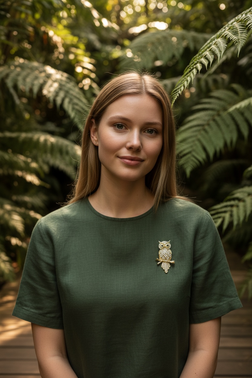 A woman with light brown hair stands in front of a lush green fern background, wearing a dark green short-sleeve crewneck t-shirt with a small owl brooch on the left chest.