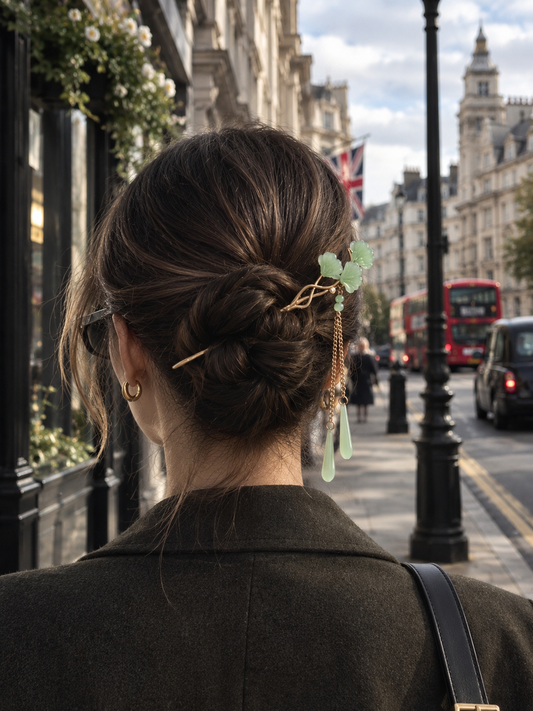 Green gingko metal hairpin with botanical leaf details
