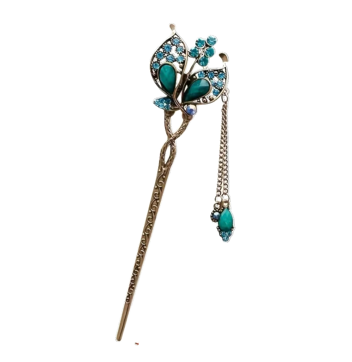 An ornate antique bronze butterfly hair stick with turquoise green stones and small blue rhinestones, featuring a dangling chain with a teardrop gemstone, shown on a plain white background.