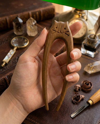 Handcrafted Wooden Cat U-Shape Hair Pin