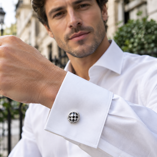 Black & White Checkerboard Button Cover – Silver-Tone Shirt Accessory