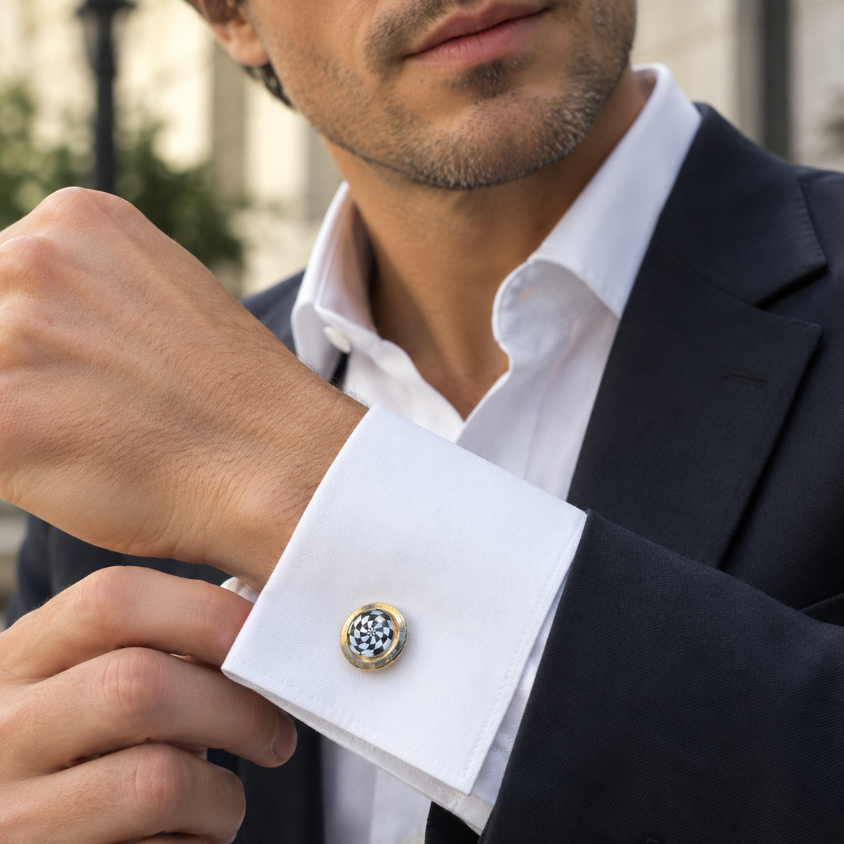 Black & White Spiral Button Cover – Gold-Tone Shirt Accessory