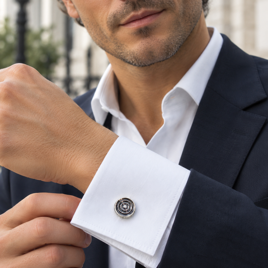 Black Concentric Circle Button Cover – Silver-Tone Shirt Accessory