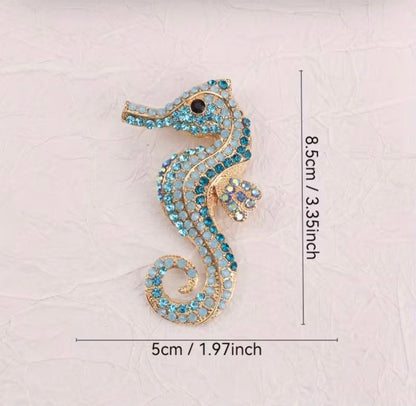Blue Crystal Seahorse Brooch – Gold-Tone Statement Jewellery