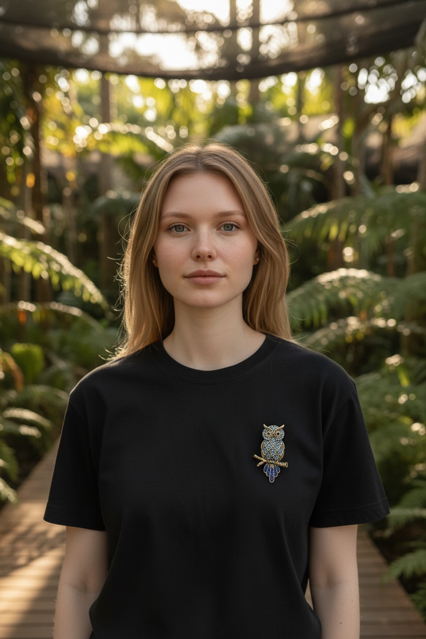 A young woman with blonde hair stands in a lush, sunlit tropical garden wearing a black crewneck t-shirt with a small owl brooch on the left chest.