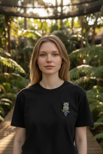 A young woman with blonde hair stands in a lush, sunlit tropical garden wearing a black crewneck t-shirt with a small owl brooch on the left chest.