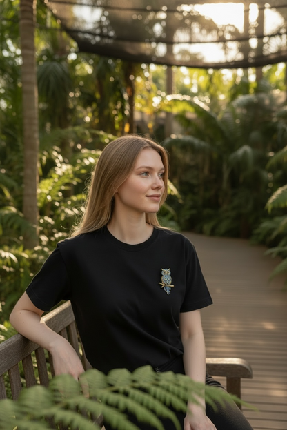 A woman sitting on a wooden bench in a lush tropical garden, wearing a black crew-neck t-shirt with a small colorful owl graphic on the left chest.