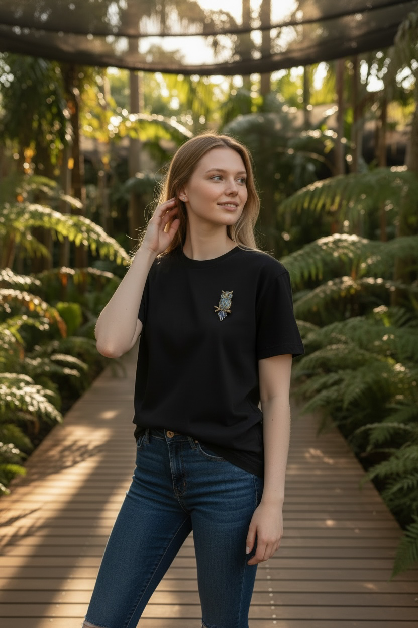 A woman wearing a black crewneck t-shirt with a small owl graphic on the left chest, paired with blue jeans, standing on a wooden boardwalk surrounded by lush green plants.