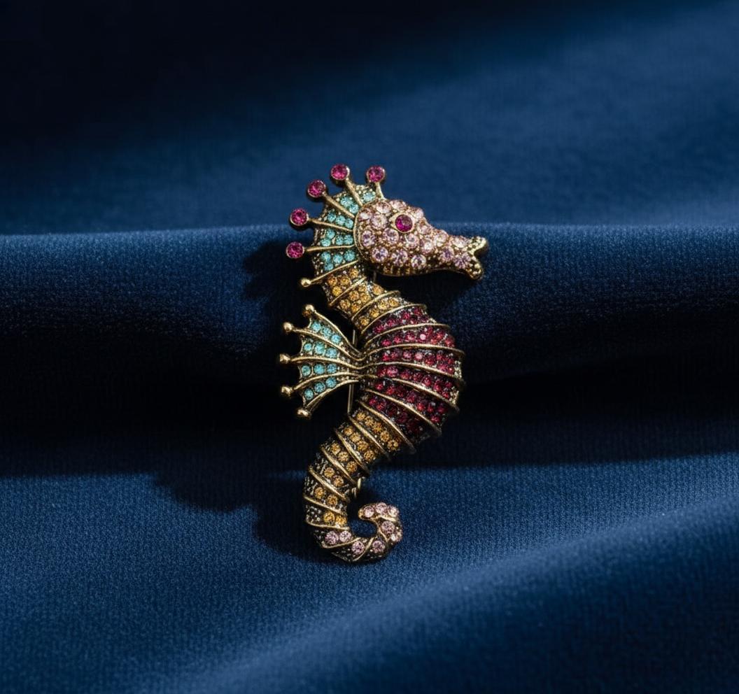 Vibrant Seahorse Crystal Brooch - Antique Gold Marine Inspired Statement Pin image 5