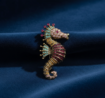 Vibrant Seahorse Crystal Brooch - Antique Gold Marine Inspired Statement Pin image 5