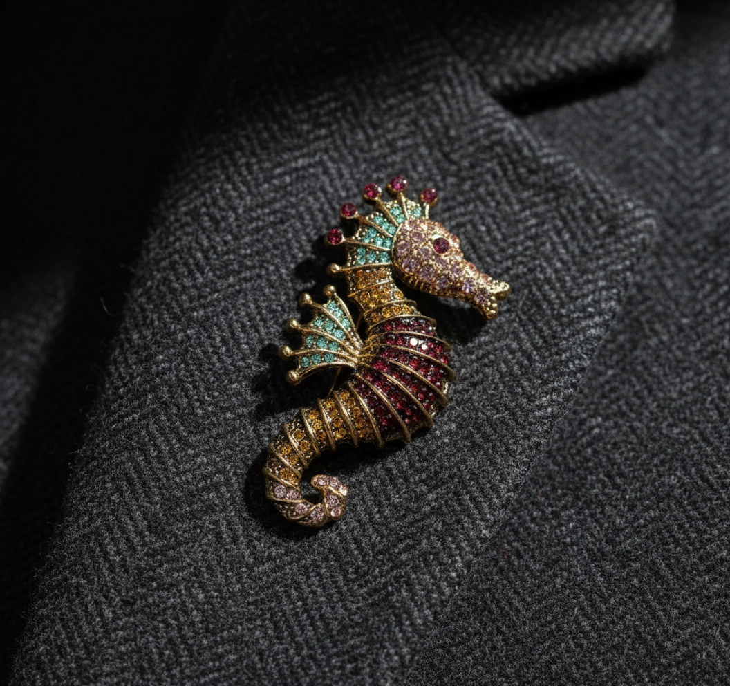 Vibrant Seahorse Crystal Brooch - Antique Gold Marine Inspired Statement Pin image 1