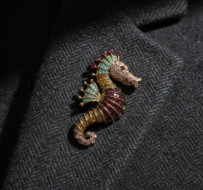 Vibrant Seahorse Crystal Brooch - Antique Gold Marine Inspired Statement Pin image 1