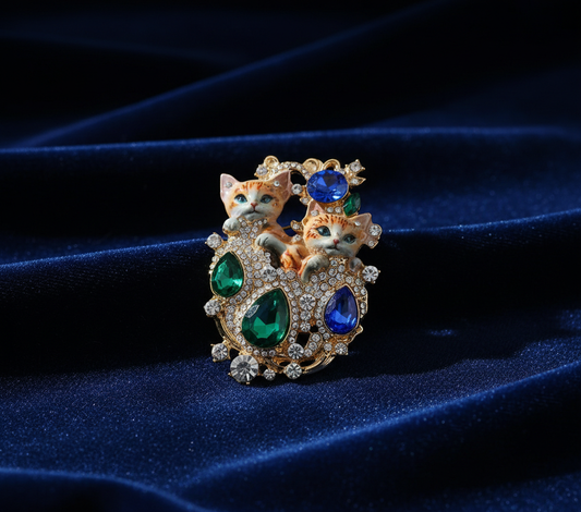 Twin Cats Gold-Plated Crystal Brooch - Elegant Emerald & Sapphire Accents image 1