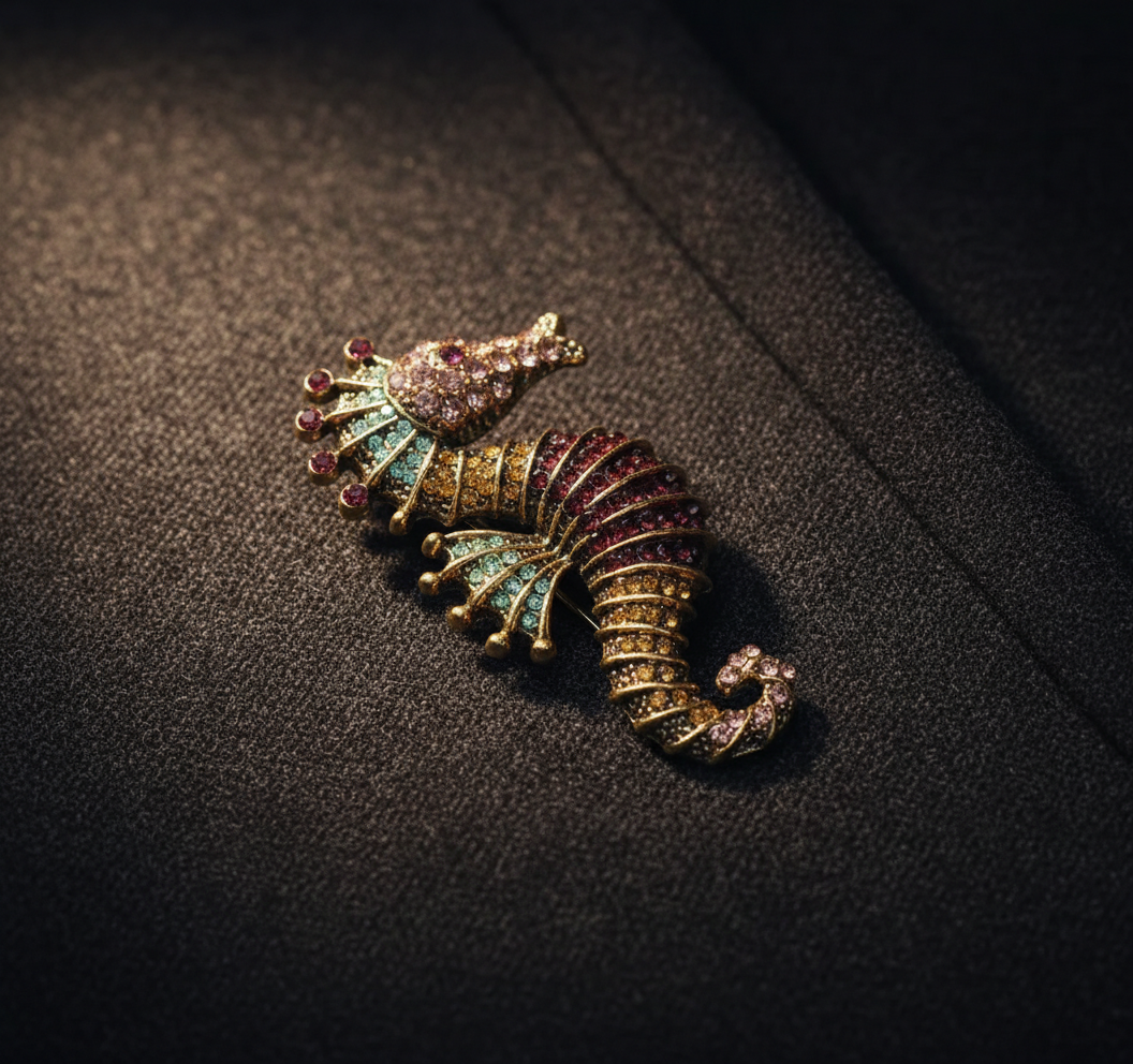 Vibrant Seahorse Crystal Brooch - Antique Gold Marine Inspired Statement Pin image 6