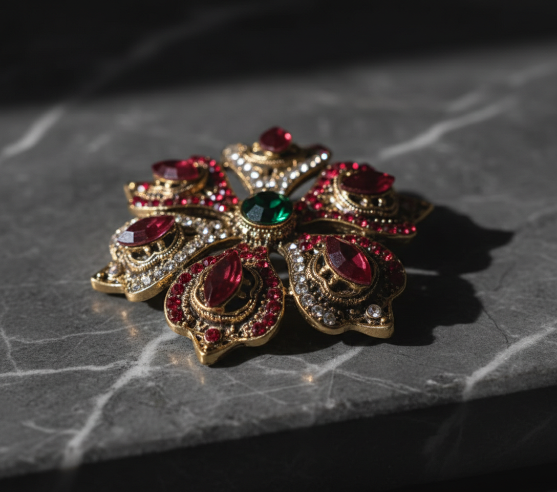 Victorian Style Floral Crystal Brooch - Ruby Red & Emerald Accent Antique Gold P image 5