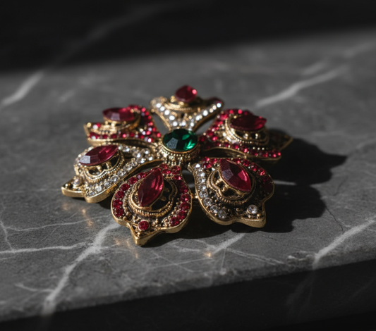Victorian Style Floral Crystal Brooch - Ruby Red & Emerald Accent Antique Gold P image 5