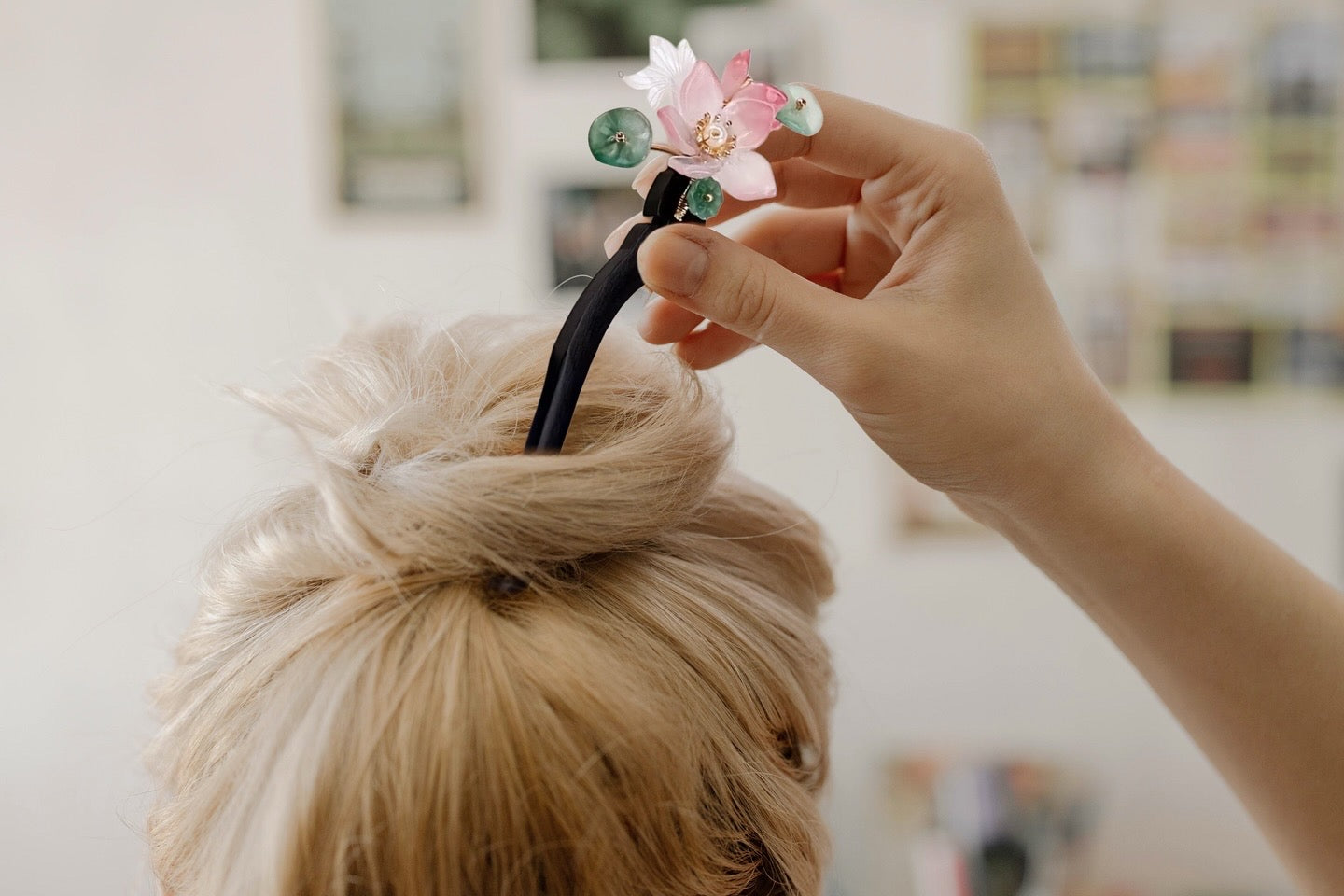 Handmade pink lotus flower wooden hair pin image 0
