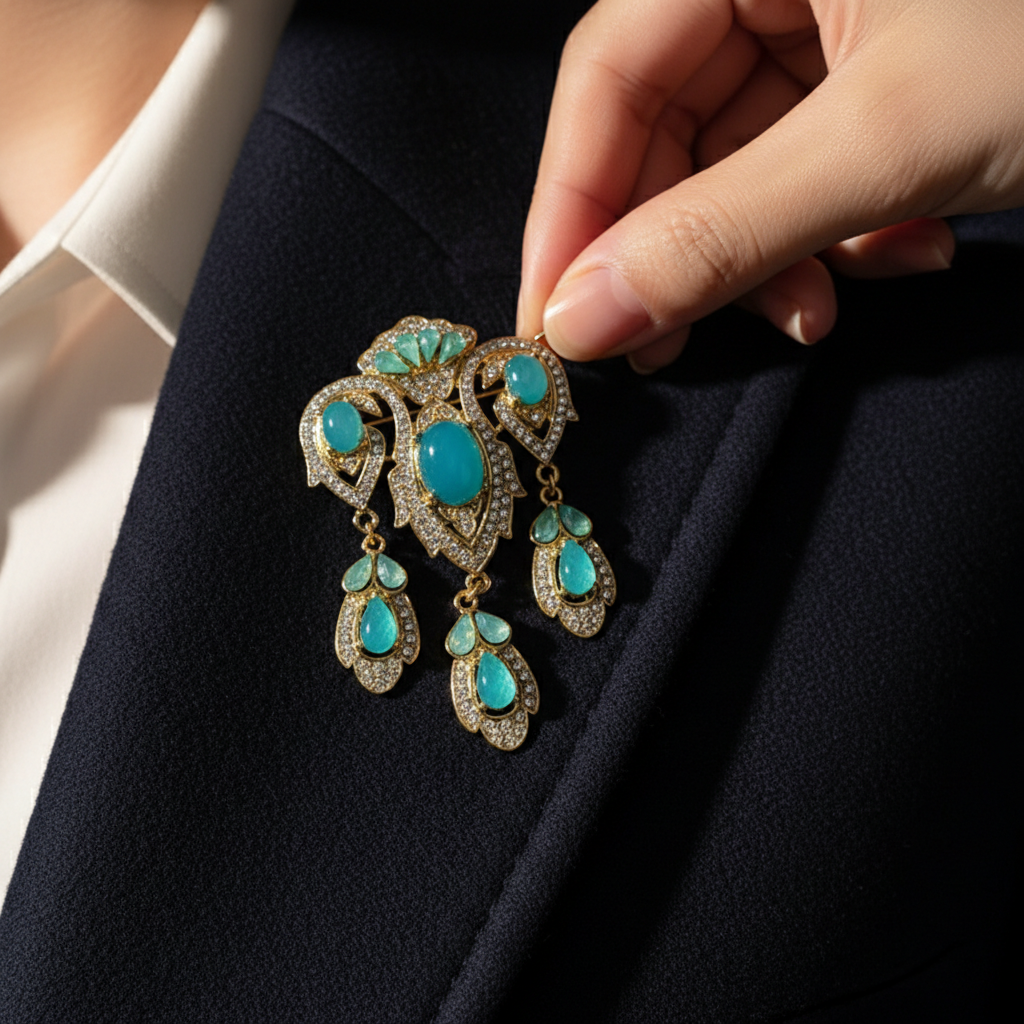 Vintage Turquoise Cabochon Droplet Brooch - Victorian Style Gold-Tone Statement  image 0
