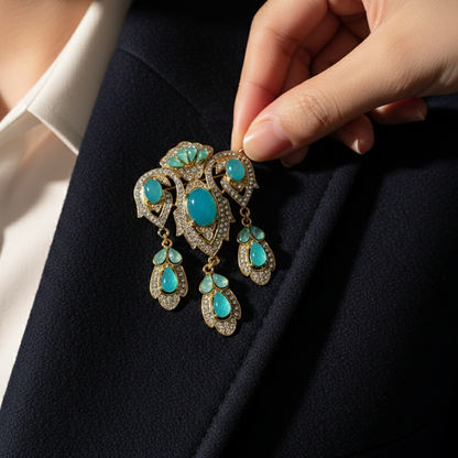Vintage Turquoise Cabochon Droplet Brooch - Victorian Style Gold-Tone Statement  image 0