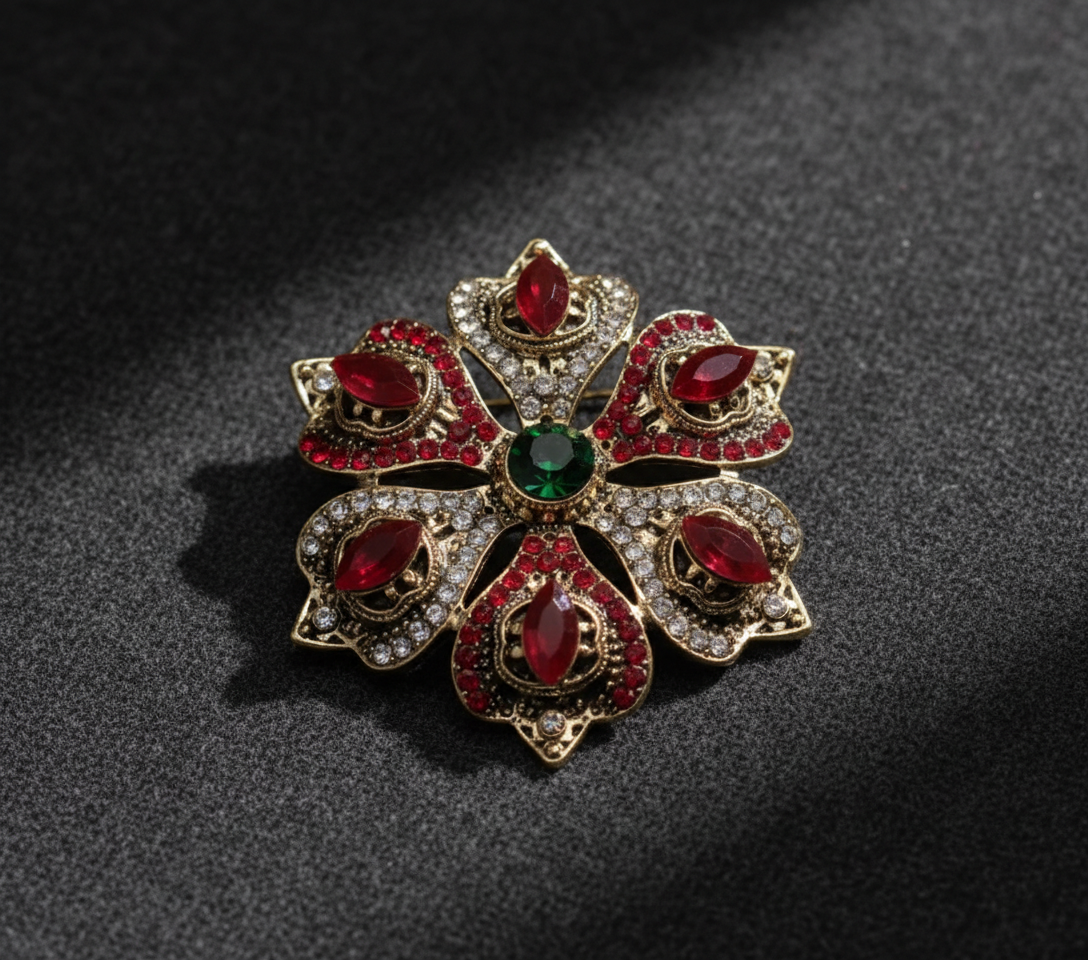 Victorian Style Floral Crystal Brooch - Ruby Red & Emerald Accent Antique Gold P image 2