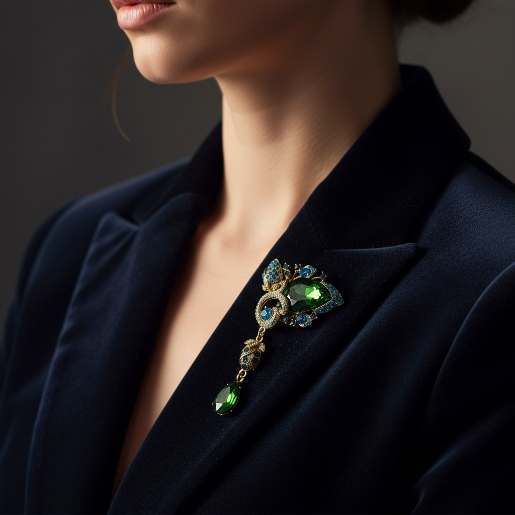 Majestic Emerald Green Crystal Droplet Brooch - Royal Gold-Tone Statement Pin image 0
