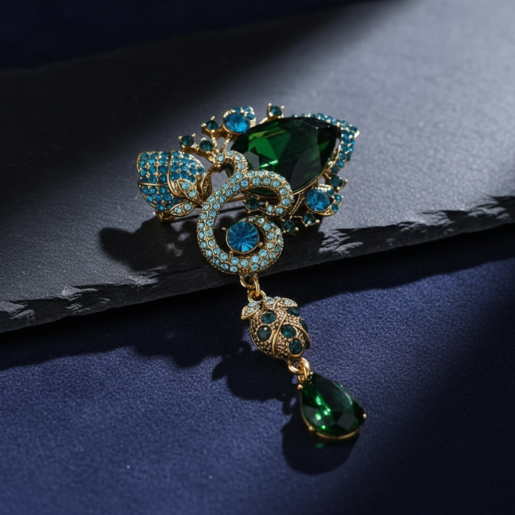 Majestic Emerald Green Crystal Droplet Brooch - Royal Gold-Tone Statement Pin image 4