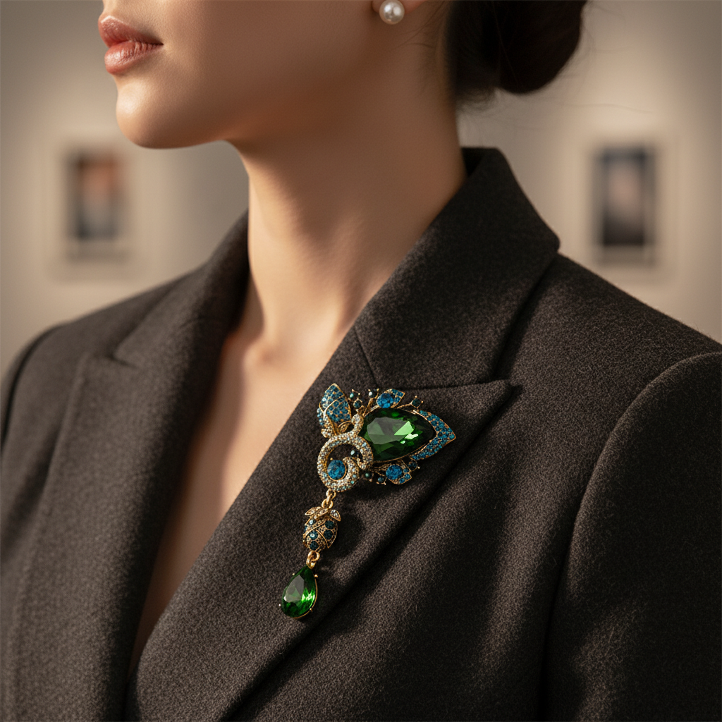 Majestic Emerald Green Crystal Droplet Brooch - Royal Gold-Tone Statement Pin image 3