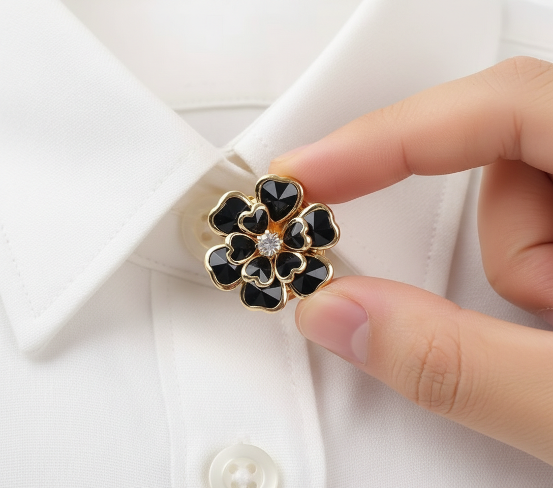 Midnight Blossom Button Cover Brooch – Black Enamel & Gold Finish image 1