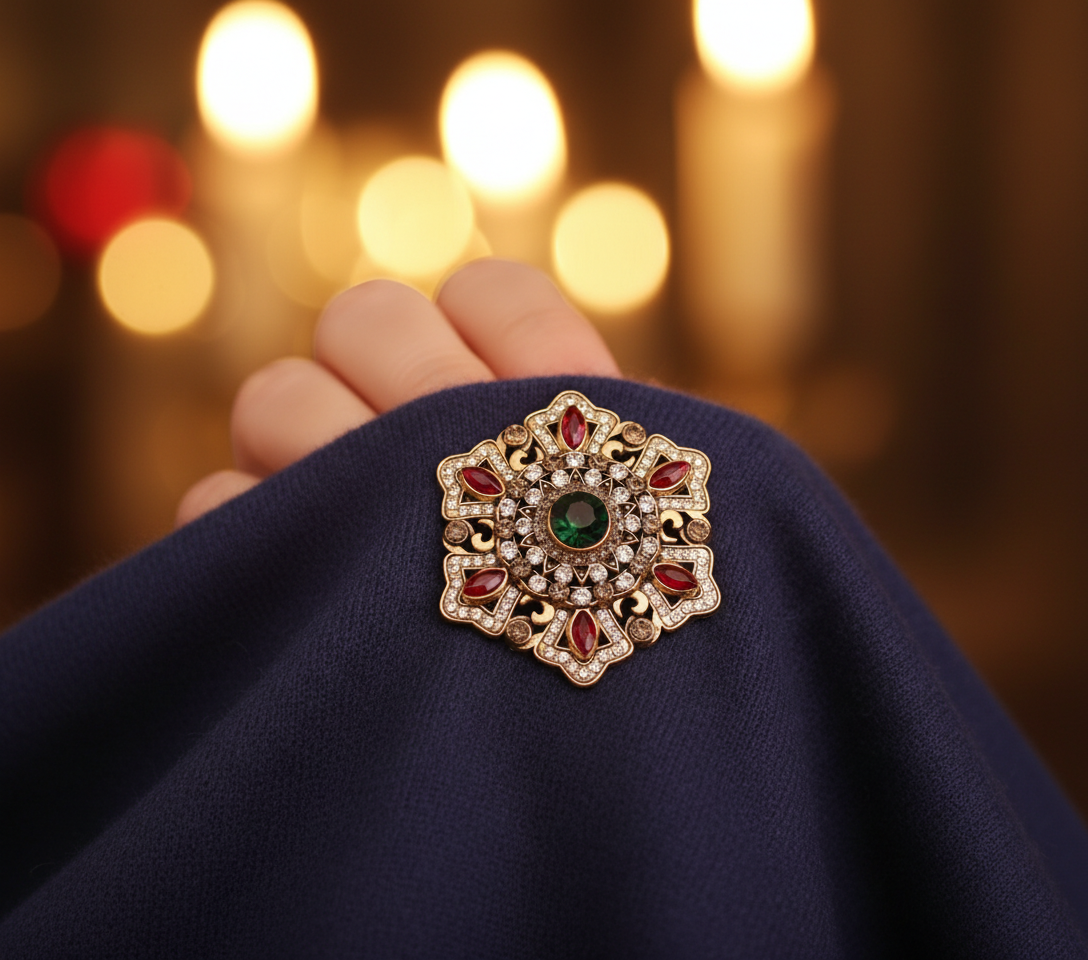 Imperial Mandala Crystal Brooch - Ruby Red & Emerald Green Bohemian Statement Pi image 2