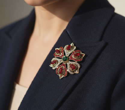 Victorian Style Floral Crystal Brooch - Ruby Red & Emerald Accent Antique Gold P image 6