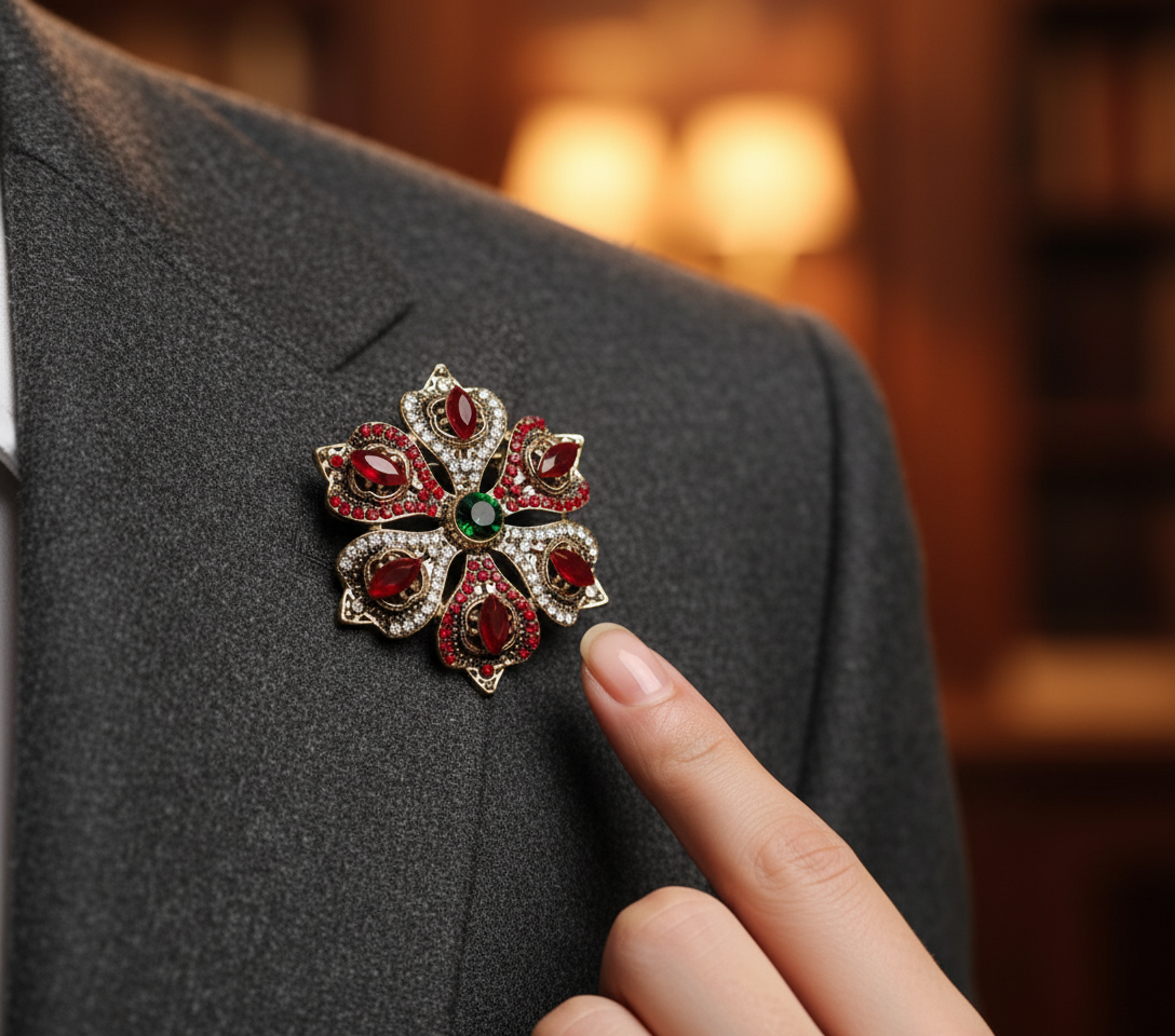 Victorian Style Floral Crystal Brooch - Ruby Red & Emerald Accent Antique Gold P image 4