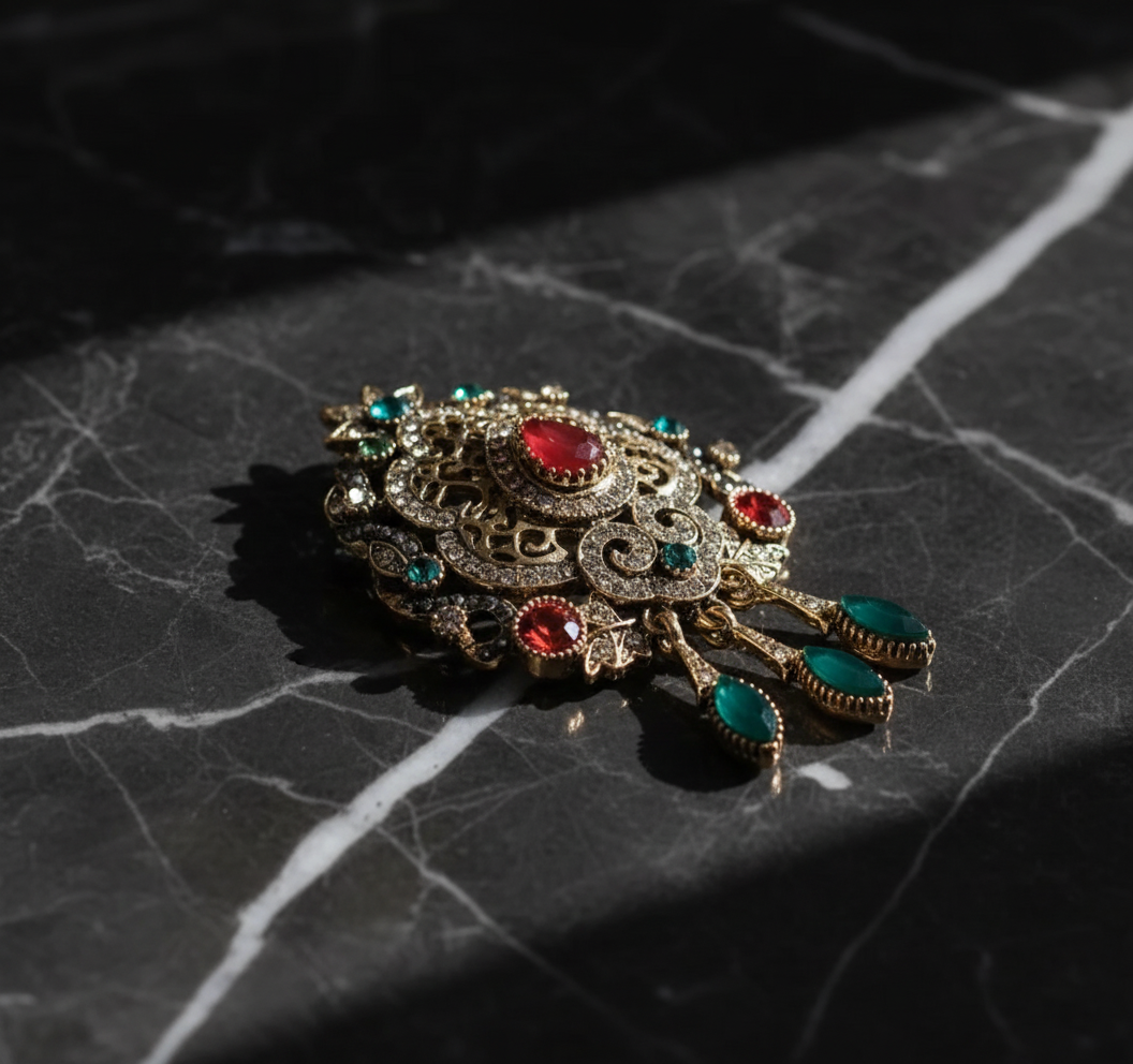 Red & Green Crystal Filigree Brooch – Statement Jewellery Accessory image 2