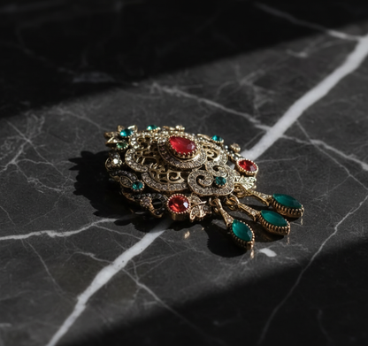 Red & Green Crystal Filigree Brooch – Statement Jewellery Accessory image 2