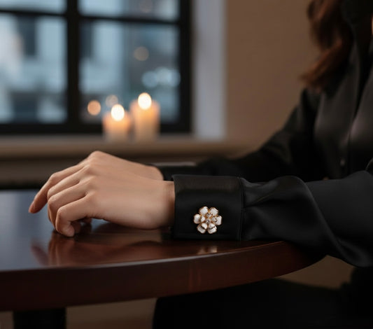 Pearl & Crystal Blossom Button Cover Brooch – Luxe Silk Accessory image 0