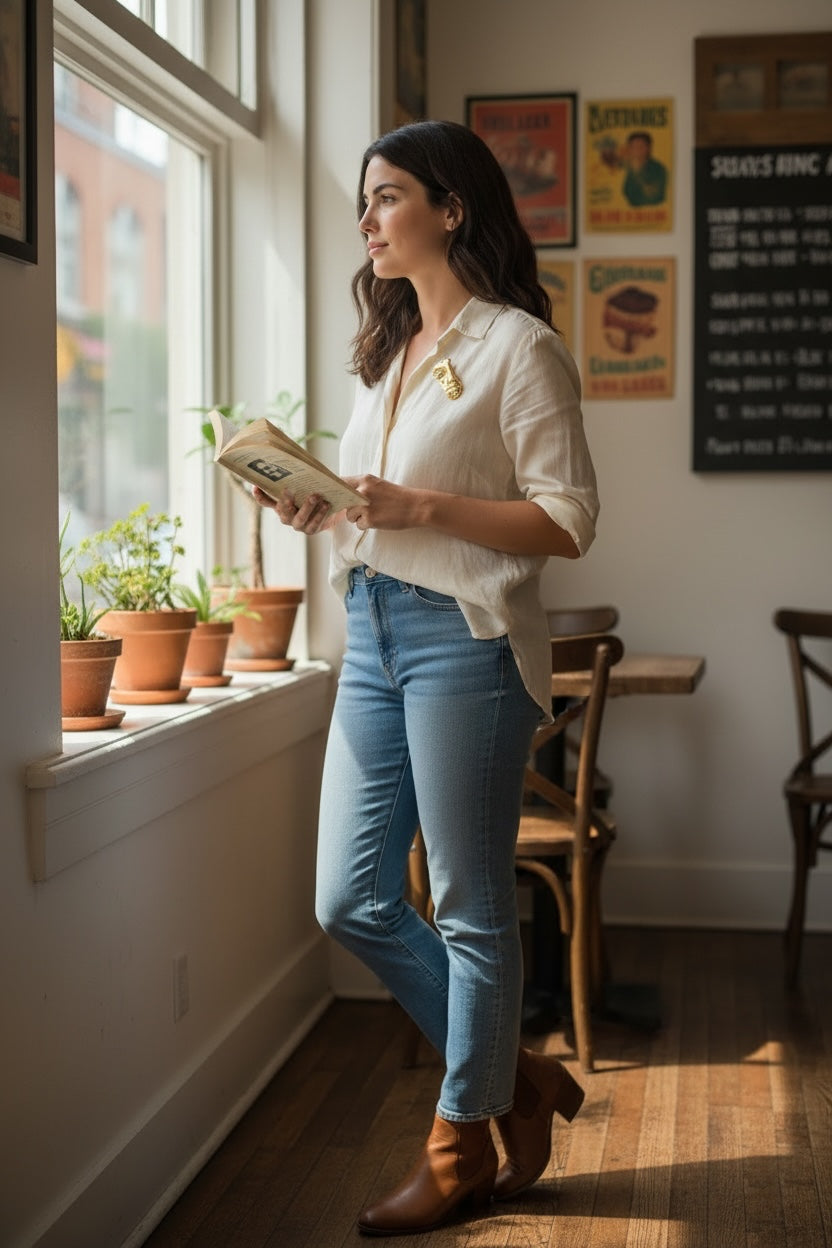 Luna Cotton abstract face gold-tone brooch pinned to a woman wearing a white linen shirt and blue jeans by a window.