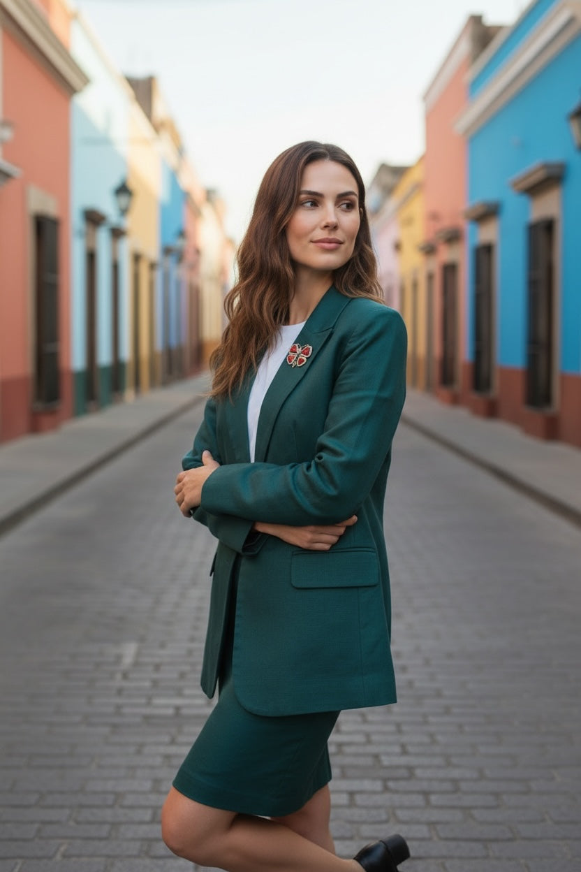 Luna Cotton butterfly lapel pin with red stones and crystals worn on a green blazer by a woman in a colourful street