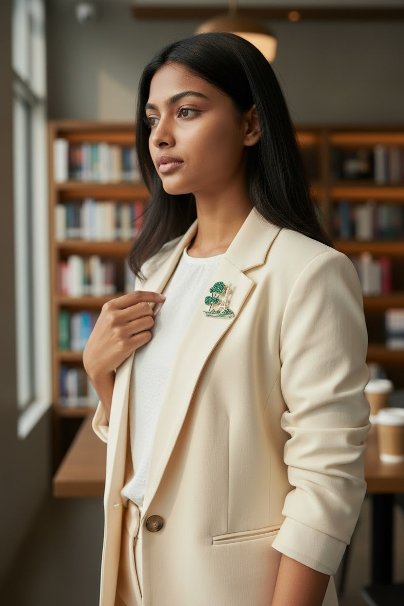 Luna Cotton Parisian landmark brooch featuring an Eiffel Tower and green trees, worn on a cream blazer by a woman.
