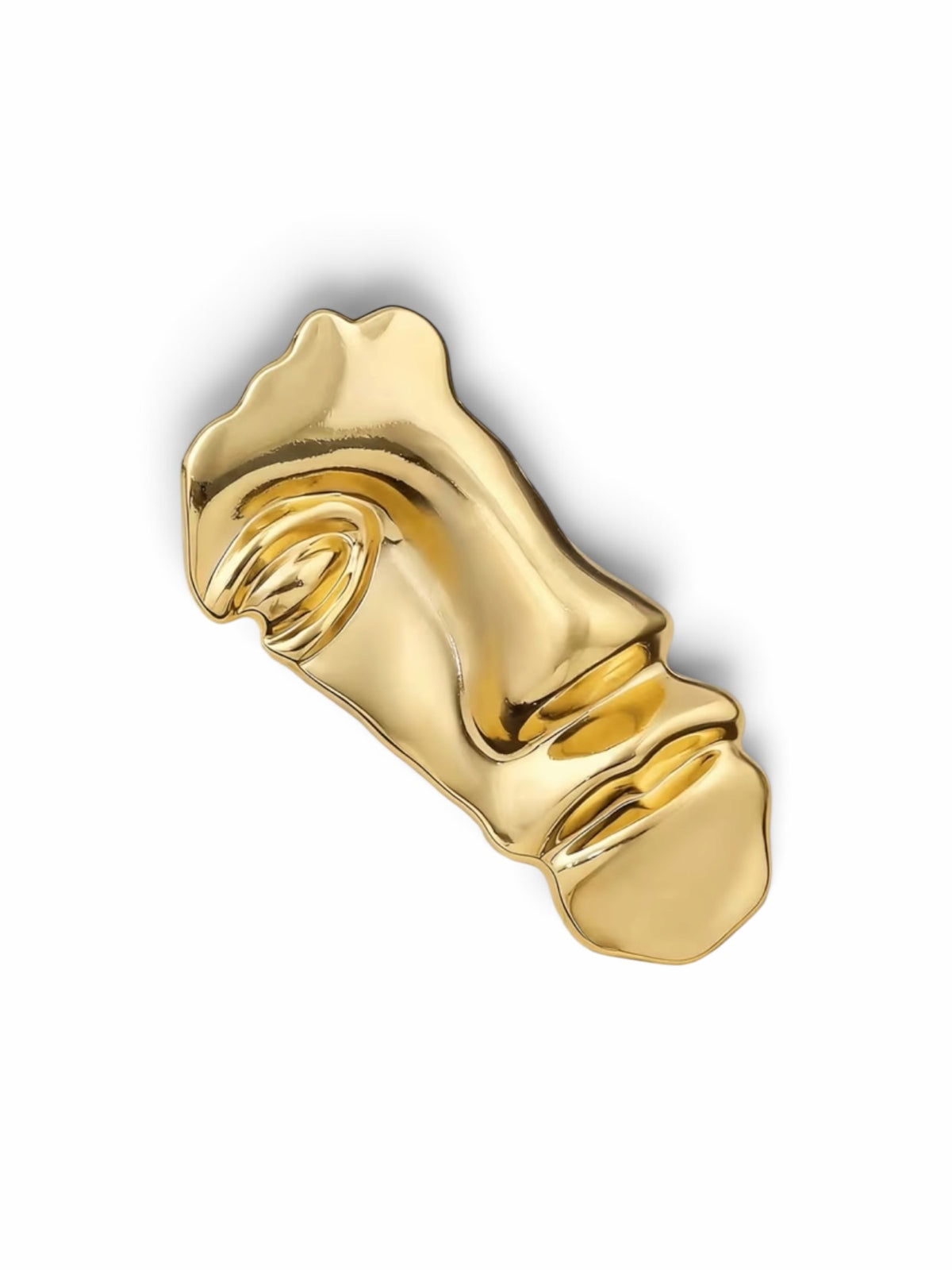 Luna Cotton gold-tone abstract face lapel brooch with a fluid, molten-metal sculptural design.