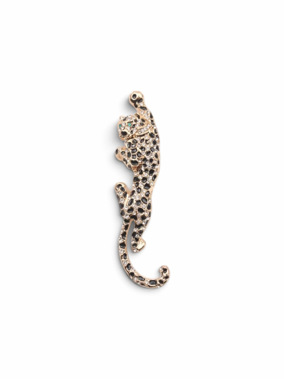 Luna Cotton leopard-shaped brooch in gold-tone metal with black enamel spots and sparkling crystal accents.
