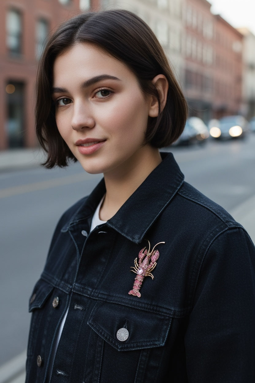 Luna Cotton pink crystal lobster brooch pinned to a woman wearing a black denim jacket on a city street