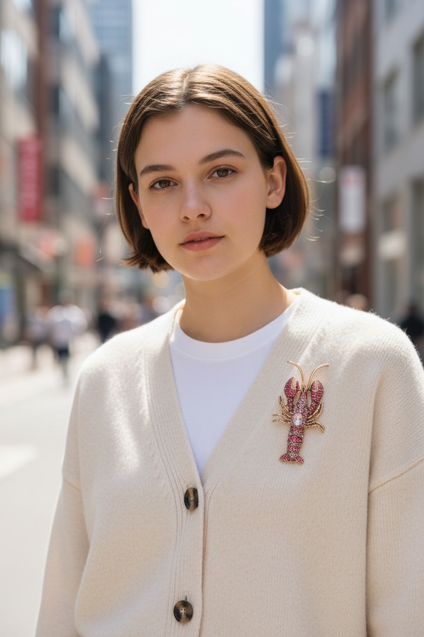 Luna Cotton pink crystal lobster brooch pinned to a woman wearing a cream cardigan on a city street