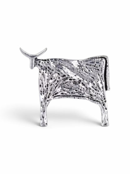 Luna Cotton silver Highland cow metal lapel pin brooch with a textured artisanal finish on a white background.