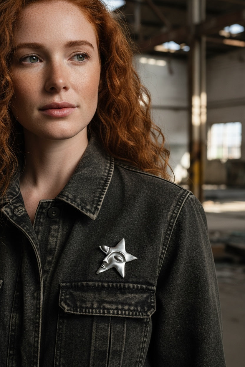 Luna Cotton silver star face lapel pin worn on a charcoal denim jacket by a woman with red hair