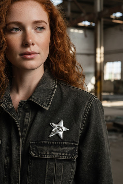 Luna Cotton silver star face lapel pin worn on a charcoal denim jacket by a woman with red hair