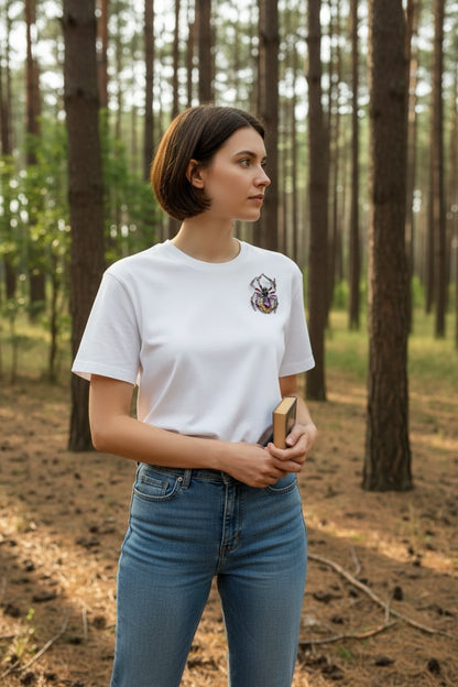 Luna Cotton spider brooch with purple and yellow crystals pinned to a woman wearing a white t-shirt in a forest