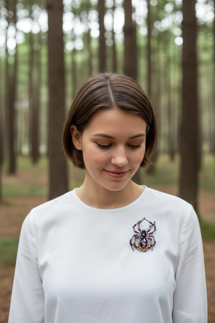 Luna Cotton spider brooch with purple and yellow crystals pinned to a woman wearing a simple white long-sleeve top.