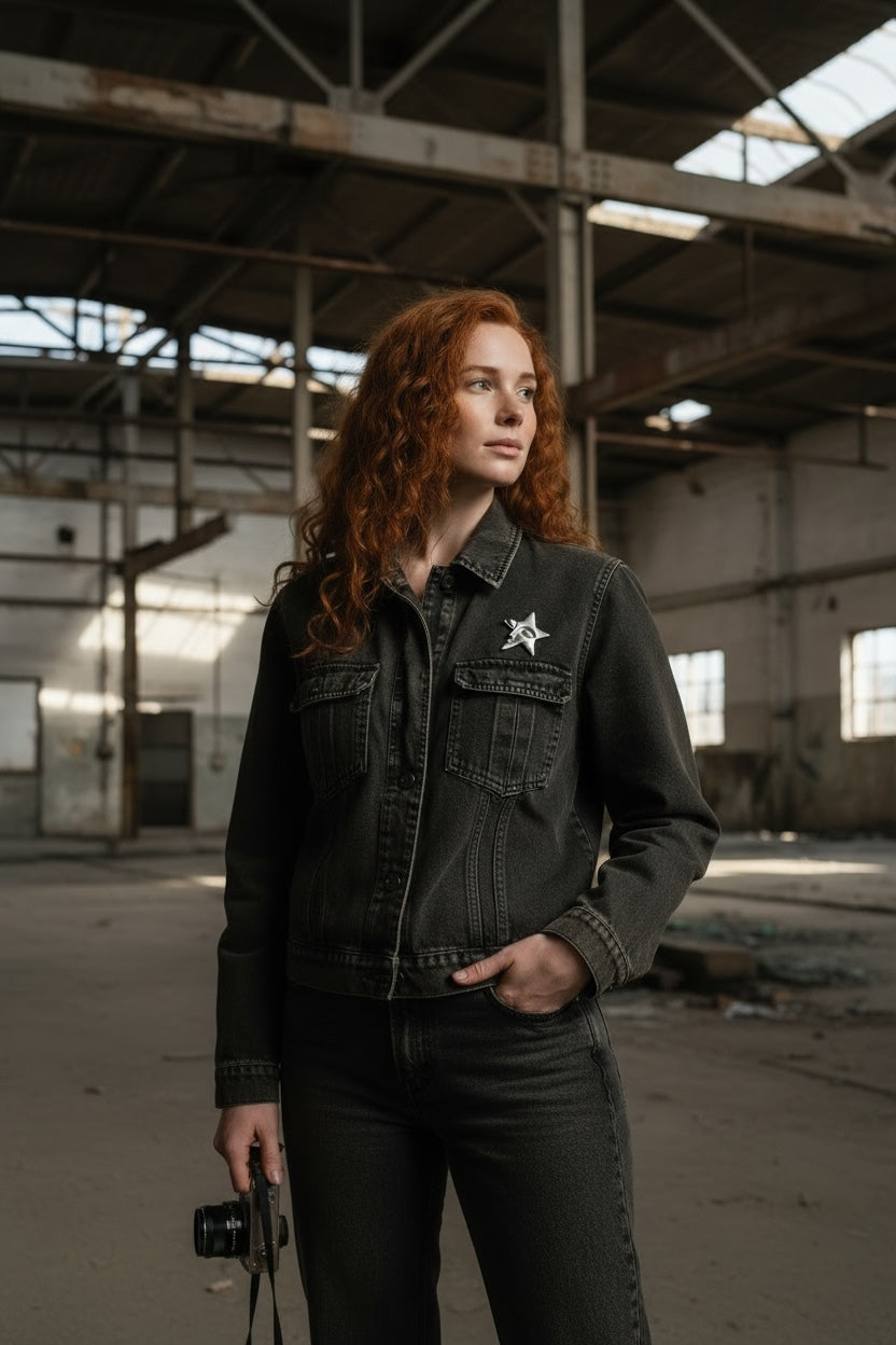 Luna Cotton silver star face lapel pin worn on a black denim jacket by a red-haired woman in an industrial space.