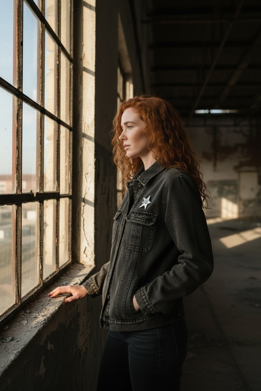 Luna Cotton silver star face lapel pin worn on a charcoal denim jacket by a woman with red hair in an industrial space
