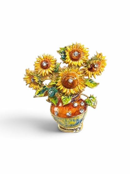 Luna Cotton sunflower bouquet brooch with hand-painted enamel, golden yellow petals, and sparkling crystal accents.