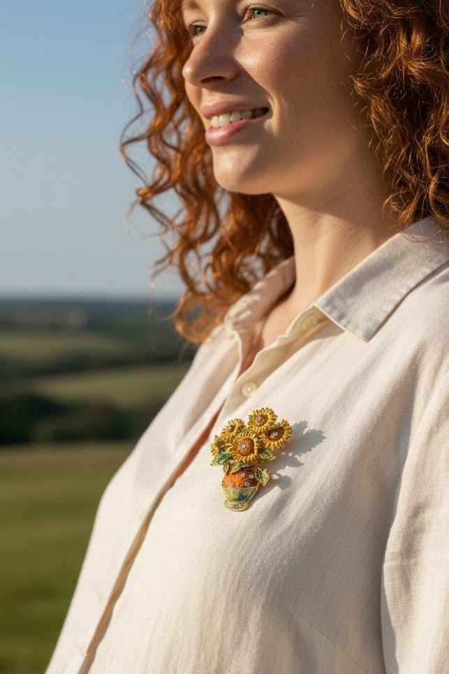 Luna Cotton sunflower bouquet brooch with enamel and crystal accents pinned to a woman wearing a cream linen shirt